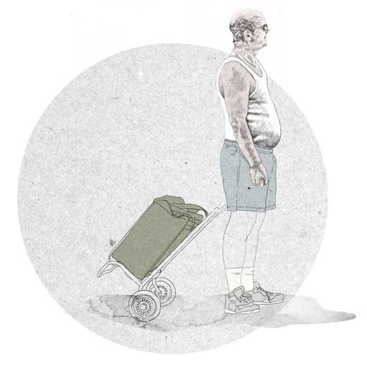 Illustration Mann mit Bierbauch und Einkaufswagen