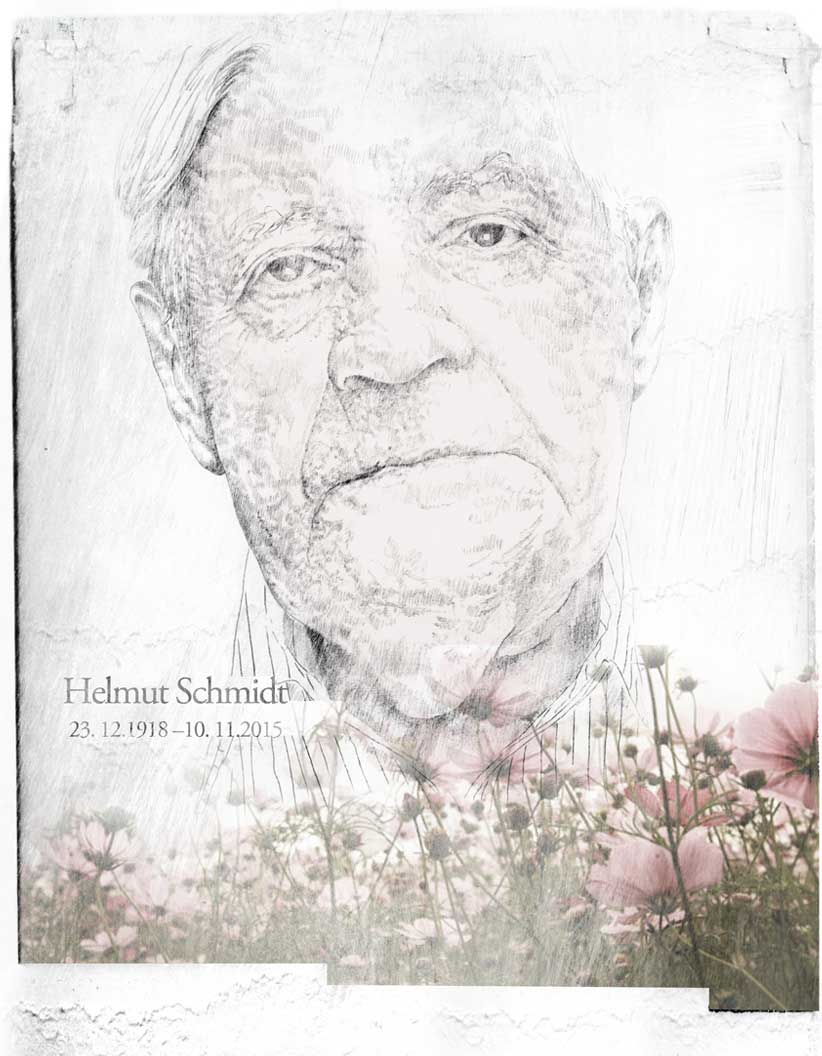 Portraitillustration Traueranzeige Helmut Schmidt und Blumen