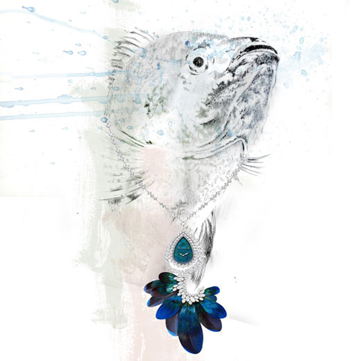 Illustration Fisch mit Schmuck Kette Halskette Anhänger im Wasser